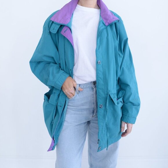 Vintage Milano Teal w Purple Trim Utility Zip Up Lined Spring 90's Jacket 18W - Picture 2 of 11